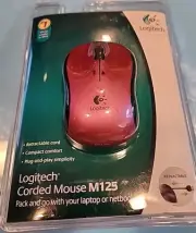 Logitech M125 Retractable Corded Mouse Pink For Laptop Desktop Sealed/New