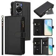 Magnetic Closure 9 Card Slots Zipper Leather Case with Hand Strap For Huawei P60 / P60 Pro