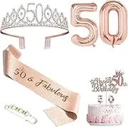 ZSYTZL Happy 50th Birthday Decorations, 50th Birthday Tiara Crown, Birthday Cake Topper and Number 50 Candles, Birthday Sash, Rose Gold 50 Year Old Birthday Party Decorations for Women Gifts