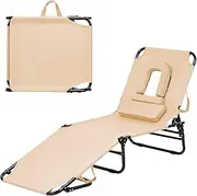 Folding Beach Lounge Chair w/ 5 Adjutable Backrest & Padded Pillow, Sunbathing Lounger Chair, Sun Tanning Lay Flat Chair for Seaside Pool Deck, Max Load 150kg, No Assembly Required