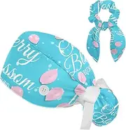 [FVQL] 2 Pack Bouffant Scrub Caps Women, Ponytail Scrub Cap with Hair Scrunchies, Cherry Blossom Flower Pattern