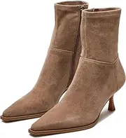 [Atsroel] Womens Brown Suede Fall Boots Side Zip Ankle Boots Pointed Toe Mid Calf Boots Kitten Heel Boots Dressy Short Boots