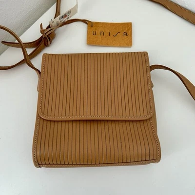 NWT - Stunning Square Unisa Leather Shoulder Bag Camel Color Snap closure.