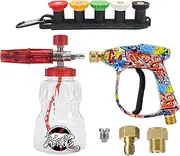 BEAR FORCE Replacement Short Pressure Washer Gun with M22 Inlet-14mm Up to 3000PSI & Stainless Steel Foam Cannon Wide Mouth Adjustable Thick Foam with1/4 Quick Plug & 3/8" Quick Plug, Spray Gun Kit