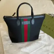 GUCCI Vertical Web Stripe Techno Canvas Tote Bag Black