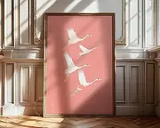 Flying Cranes Japandi Style Print Pink White Bird Image Elegant Gallery Wall Art Japanese Style Artwork 154