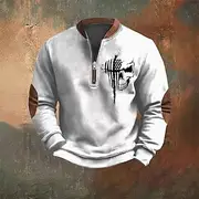 Men's Sweatshirt Quarter Zip Sweatshirt Black White Red Navy Blue Gray Half Zip Color Block Skull American Flag Half Zip Print Sports Outdoor Daily Holiday Po