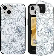 Qoosan for iPhone 15 Case with Card Holder Wallet Kickstand Mirror Protective Slim Phone Case for iPhone 15 6.1 inch, Floral Line