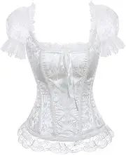 (2XL/Waist 80cm, White) - Zooma Retro Steampunk Gothic Bustier Corset Top Vintage Brocade Lace Up Waist Cincher
