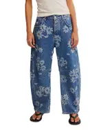 Free People Good Luck Printed Barrel Leg Jeans Laser Daisy