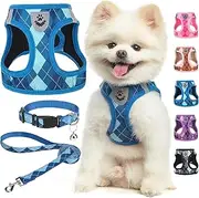 SCENEREAL Dog Harness Collar and Leash Set, Step-In No Pull Pet Vest Harness for Small Dogs and Cats, Soft Mesh No-Chock Reflective Vest for Outdoor Walking Running, Blue Plaid XS
