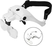 Bysameyee Rechargeable Lighted Head-Mounted Magnifier Visor, 5 Interchangeable Glasses with 2 LED Lights, Adjustable for Reading, Jewelry Work, Watch Repair