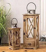 Large Farmhouse Wooden Candle Lantern Set of 2, Rustic Floor Candle Lanterns with Drawer, Vintage Hurricane Lantern Holder for Indoor Outdoor Decor (No Glass)