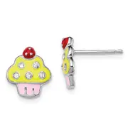 Sterling Silver Madi K Rhodium-Plated Polished Multi-Color Enameled & Crystal Cupcake Children'S Post Earrings