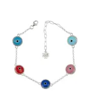 5 Beads Multi Color Evil Eye Women Silver Link Bracelet