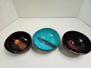 3 Vintage Cambodia Coconut Shell Bowls Tiki Bar Decor Trinket Dish Feather Blue