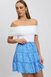 Blue Ditsy Skater Skirt High Rise Tiered Mini Lined - Size 16XL, Women's Skater Skirt