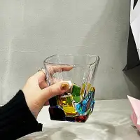 在飛比找松果購物優惠-手工彩繪方塊水晶玻璃杯 歐式商用彩色威士忌杯 (8.3折)