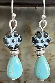 Etched Silver and Turquoise Teardrop and Flower Earrings. Boho Chic.
