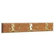 Wooden Mallet 3 Hook Wall Coat Rack Rail in Light Oak and Brass