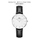 Daniel Wellington 手錶 Petite Sheffield 32mm爵士黑真皮皮革錶-白錶盤-銀框(DW00100186)