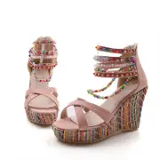 Nevenka Women's Wedge Sandals with Pearls Platform High Heels Shoes-Pink