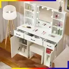 Dressing Table LED Makeup Mirror Stool Set Vanity Desk With 3 Drawers White