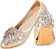 YOUNIFIZ Women's Elastic Foldable Portable Pumps Sparkly Rhinestones Ballet Ballerina Slip On Flats Dolly Shoes