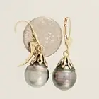 14k Yellow Gold Leverback Cap Black Green Baroque Tahitian Pearl Dangle Earrings