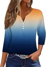 [Valtorixia] 3/4 Length Sleeve Women Henley V Neck Tops Casual Length Button Down Shirt Floral Print Blouses Plus Size Trendy Comfy Tees (color-b-41,Medium)