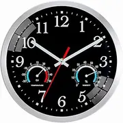 Wall Clock, 10 Inch Wall Clock Battery Operated with Temperature and Humidity, Silent Non Ticking Silver Aluminum Frame Morden Wall Clocks for Living Room Bathroom Kitchen Office Bedroom (Black)