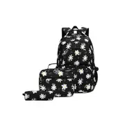 3Pcs Daisy Backpack for Students Bookbag with Lunch Box School Bag Set Flower Printed Backpack Set School Daypack-Black