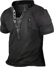 [Generic] Men's Casual V-Neck Buttons Shirts Classic Basic Short Sleeve Outdoor Shirt Retro Solid Color Cotton Tees Golf Tops