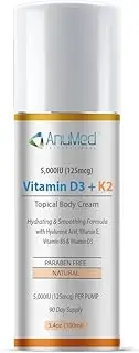 AnuMed Vitamin D3 K2 5,000 IU Cream with Magnesium, Hyaluronic Acid, Vitamin E. Best Moisturizer for Dry Skin. Promotes the Immune System, Strong Bones, Muscles, and joints (Packaging May Vary) (3oz)