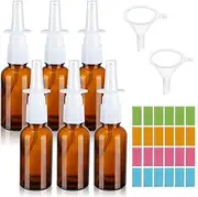 RISF Pack of 6 Empty Nasal Spray Bottle, 30 ml Glass Nose Spray Bottle, Brown Nose Spray Bottles, Reusable Nose Spray Atomiser with Funnel, Labels for Perfume, Essential Oils, Saline Solution