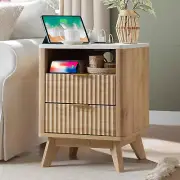Fluted Nightstand with Charging Station, 18" Modern Side Table with Faux Marble