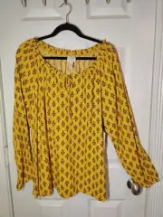 St. John's Bay Mustard Yellow & Red Floral Long Sleeve Peasant Blouse XXL NWT