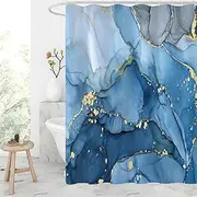 [Gibelle] Extra Long Shower Curtain 72 x 84, Tall Abstract Blue Marble Shower Curtain, Modern Ink Art Waterproof Fabric Shower Curtain Set with Hooks