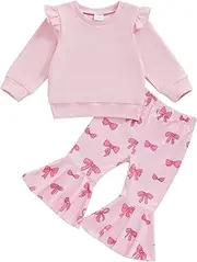 [Amnnchya] Toddler Infant Baby Girl Clothes Warm Fall Winter Outfits Solid Fly Sleeve Sweatshirt Bow Bell Bottoms Pants