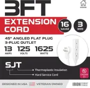 3 Ft Outdoor Extension Cord, 45° Angled Flat Plug, 3 Electrical Power Outlets