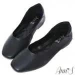 ANN’S全真皮牛皮時髦顯瘦方頭平底鞋-黑