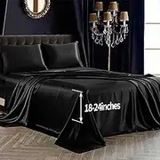 SiinvdaBZX 4Pcs Extra Deep Pocket Satin Sheet Set Queen Size, Ultra Silky Soft Black Satin Queen Bed Sheets Deep Fitted Sheet Set Fits 18 - 24 Inch Deep Pocket Mattress