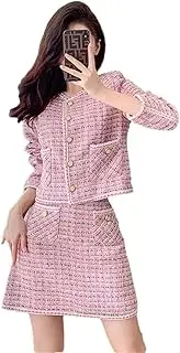 [Generic] Women Tweed Small Fragrance Short Jacket Cropped Coats + High Waist Mini Skirts Suits Slim Two Piece Sets