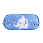 3PC Kawaii School Pencil Case PU Animals Pattern Cartoon Big Pencilcase Color Pencil Box Stationary(Blue Elephant)