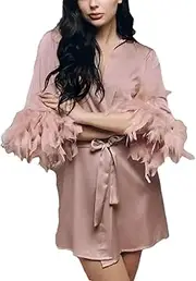 [Generic] Luxury Feathers Trim Satin Robe - Women's Elegant Bridal Nightgown Solid Color Belted Bathrobe