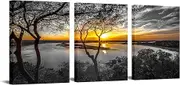 Nachic Wall 3 Piece Black and White Wall Art Golden Sunrise on Lake Picture Painting Print on Canvas Nature Landscape Poster for Living Room Bedroom Decor Framed Ready to Hang