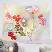 Floral Art Sparrow Bird in Cosmos Flowers Tapestry