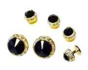 Jet Black Faceted Crystal Studs and Cufflinks in Gold Tone Finish