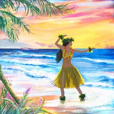 Hula Dancer Fabric Quilt Square Beach Sunset Hawaiian Paradise Luau Panel