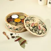 Handcrafted Wooden Ikat Bloom Masala Box for Kitchen | Masala Dabba | Spice J...